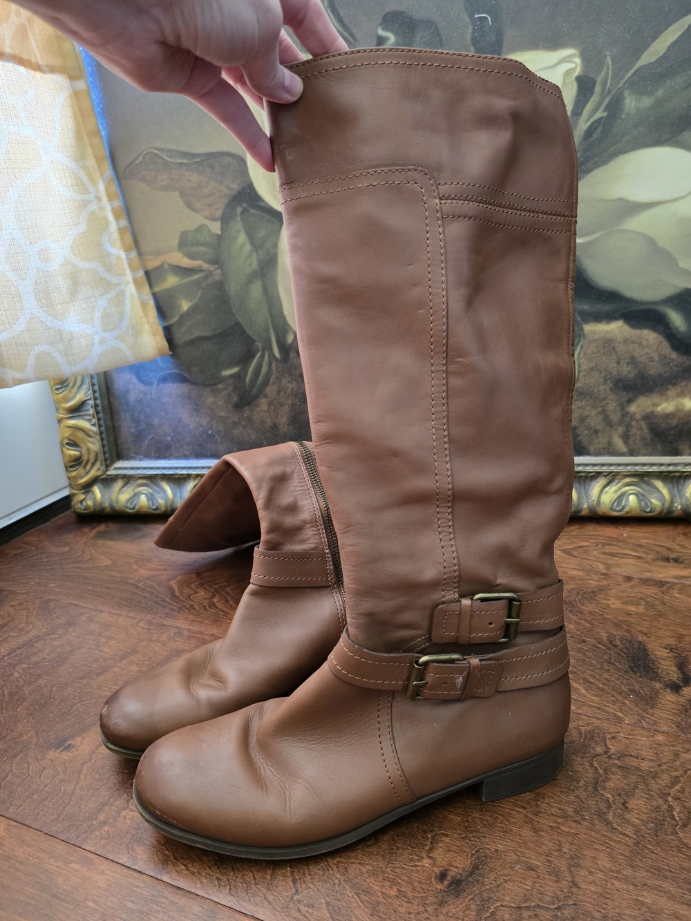 Size 8 Women’s Tall Brown Leather Riding Boots with Buckle Detail